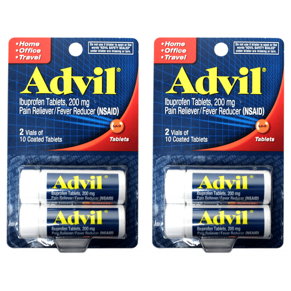 Advil Coated Tablets Pain Reliever and Fever Reducer, Ibuprofen 200mg, 2 x 10 Count Vials Travel Size Pack of 2 (4 vials total)