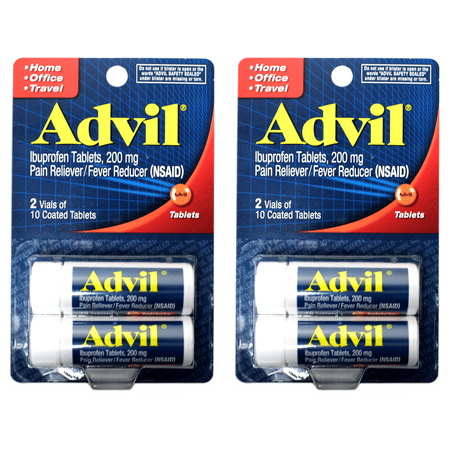Advil Coated Tablets Pain Reliever and Fever Reducer, Ibuprofen 200mg, 2 x 10 Count Vials Travel Size Pack of 2 (4 vials total)