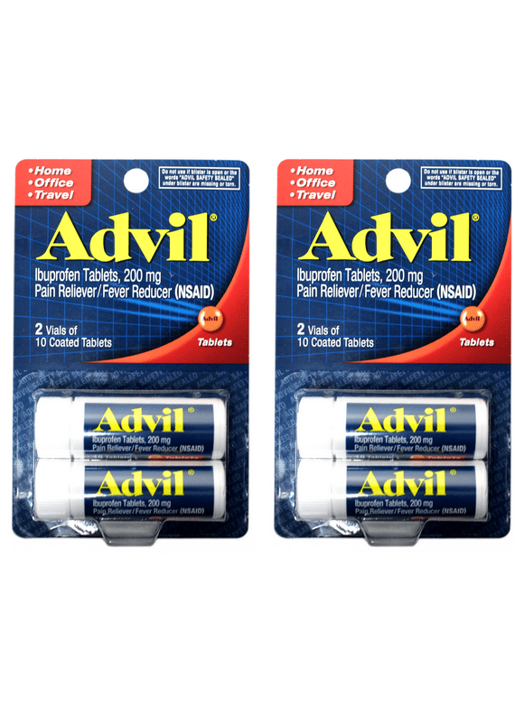 Advil Coated Tablets Pain Reliever and Fever Reducer, Ibuprofen 200mg, 2 x 10 Count Vials Travel Size Pack of 2 (4 vials total)