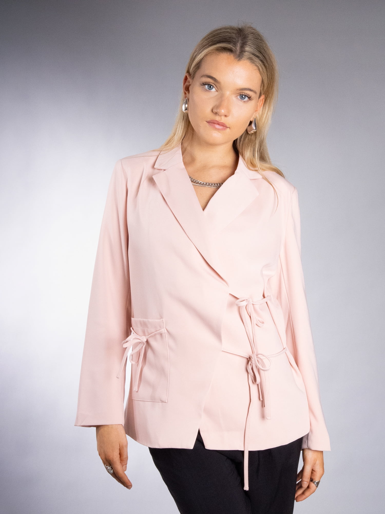 DARING DIVA Women's Elegant Double Tie Wrap Blazer S Baby Pink