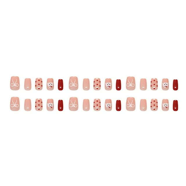 Sweet Pink False Nails Bow Nail Stickers Removable Wearable False Nails French Manicure 24pcs