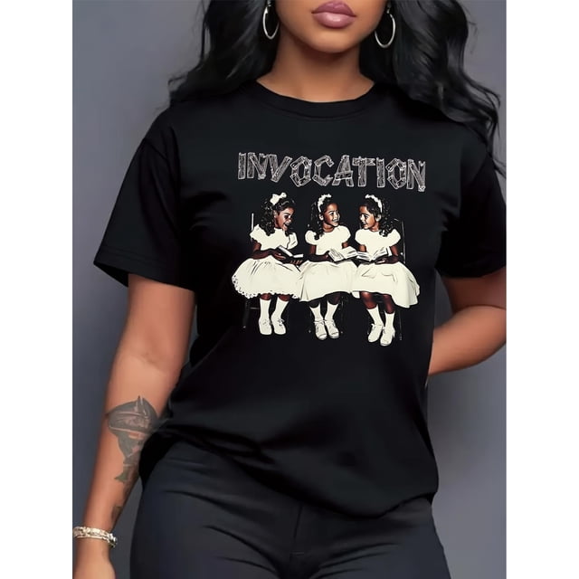 Camiseta para mujer verano cuello redondoChic Portrait Print Crew Neck T-Shirt for Women - Casual Short Sleeve, Breathable Polyester, Machine WashableFather's Day, Mother's Day, New Year, Spring Fes