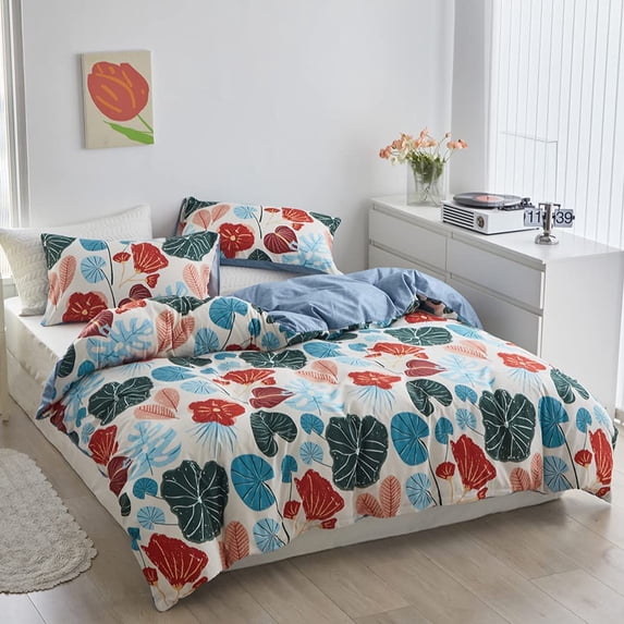 Colorful Banana Leaves Print Duvet Cover Full Size Soft Lightweight Microfiber Comforter Cover Reversible Blue Texture Pattern Farmhouse Bedding Set