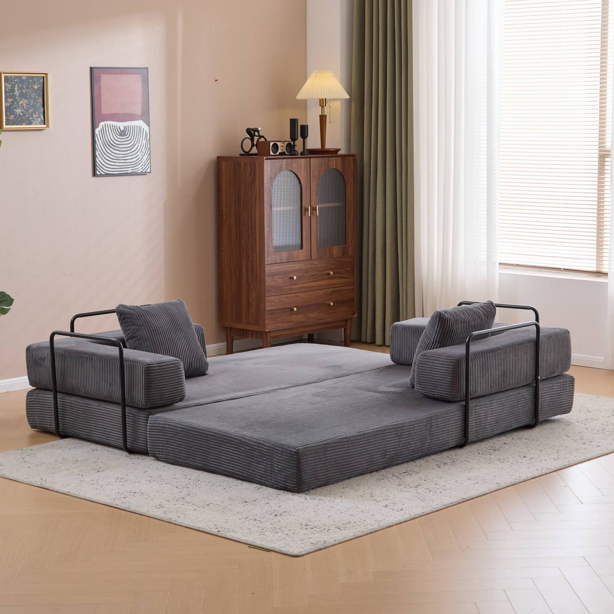 Convertible Sleeper Sofa Bed with Pillow, Corduroy Folding Mattress Floor Sofa Lounge Couch for Living Room, Bedroom, Dark Grey