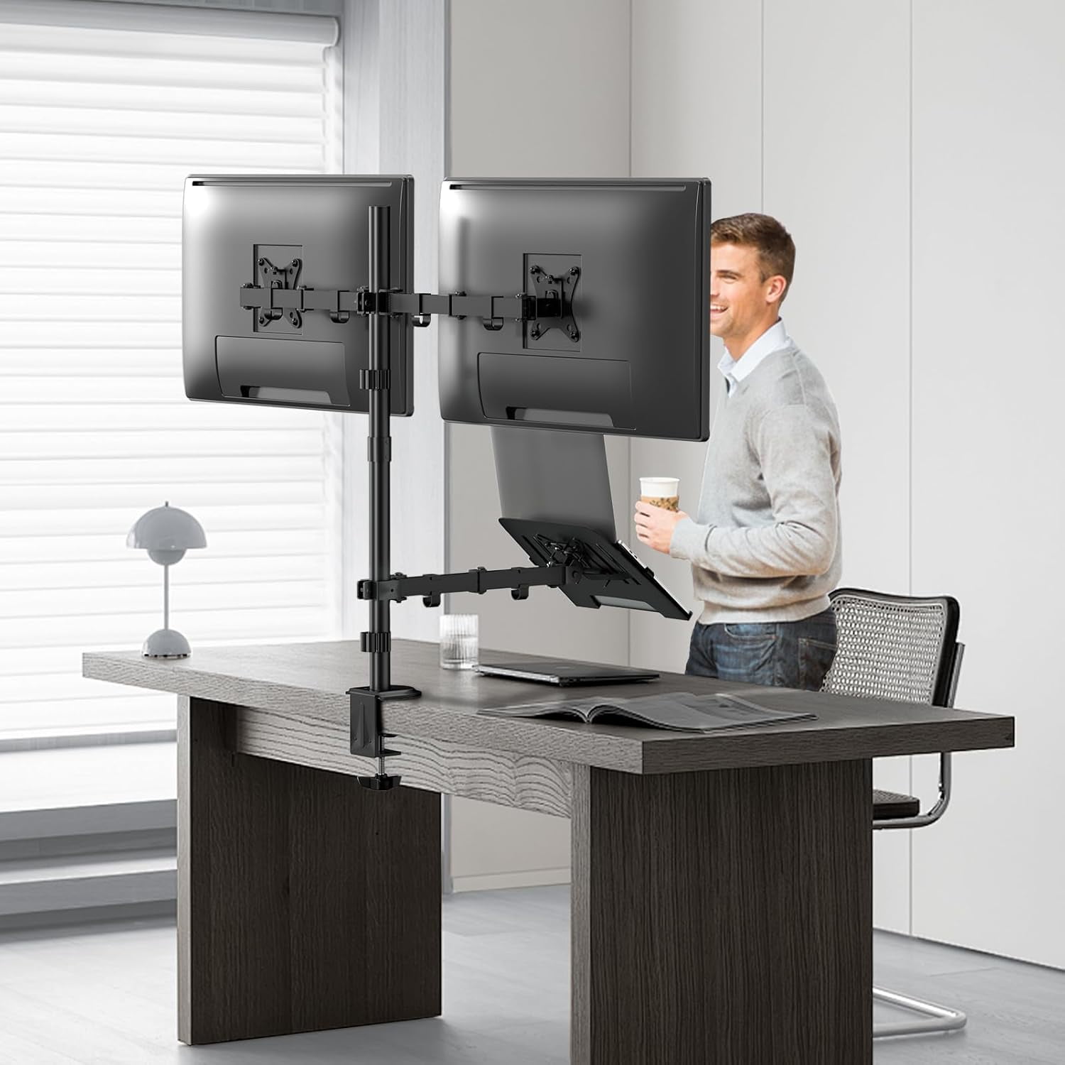 Dual Monitor Stand and Laptop Mount Fit Two 17 to 32 Inch Monitor and 10 to 17 Inch Laptop, Tall Adjustable Stand,19.8 lbs Weight Capacity per Arm,Black