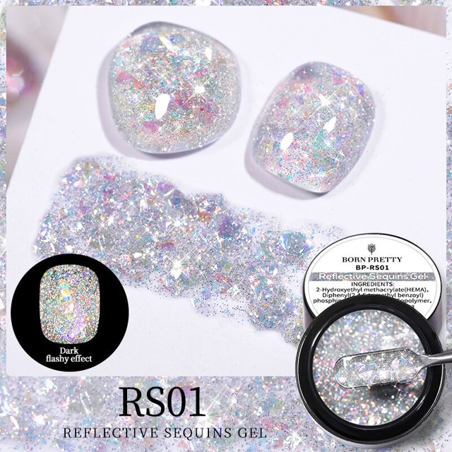 BORN PRETTY 5g Reflective Sequins Gel Polish Bling Sparkle Silver Holographic Laser Nail Gel Polish UV LED Soak Off Nail Gel Gong Bohan LED