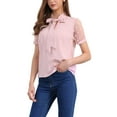 thumbnail image 4 of INSPIRAR CHIC Blusa de Manga Corta de Malla con Cuello de V y Lazo para Mujeres Color Rosa Claro Talla L, 4 of 6