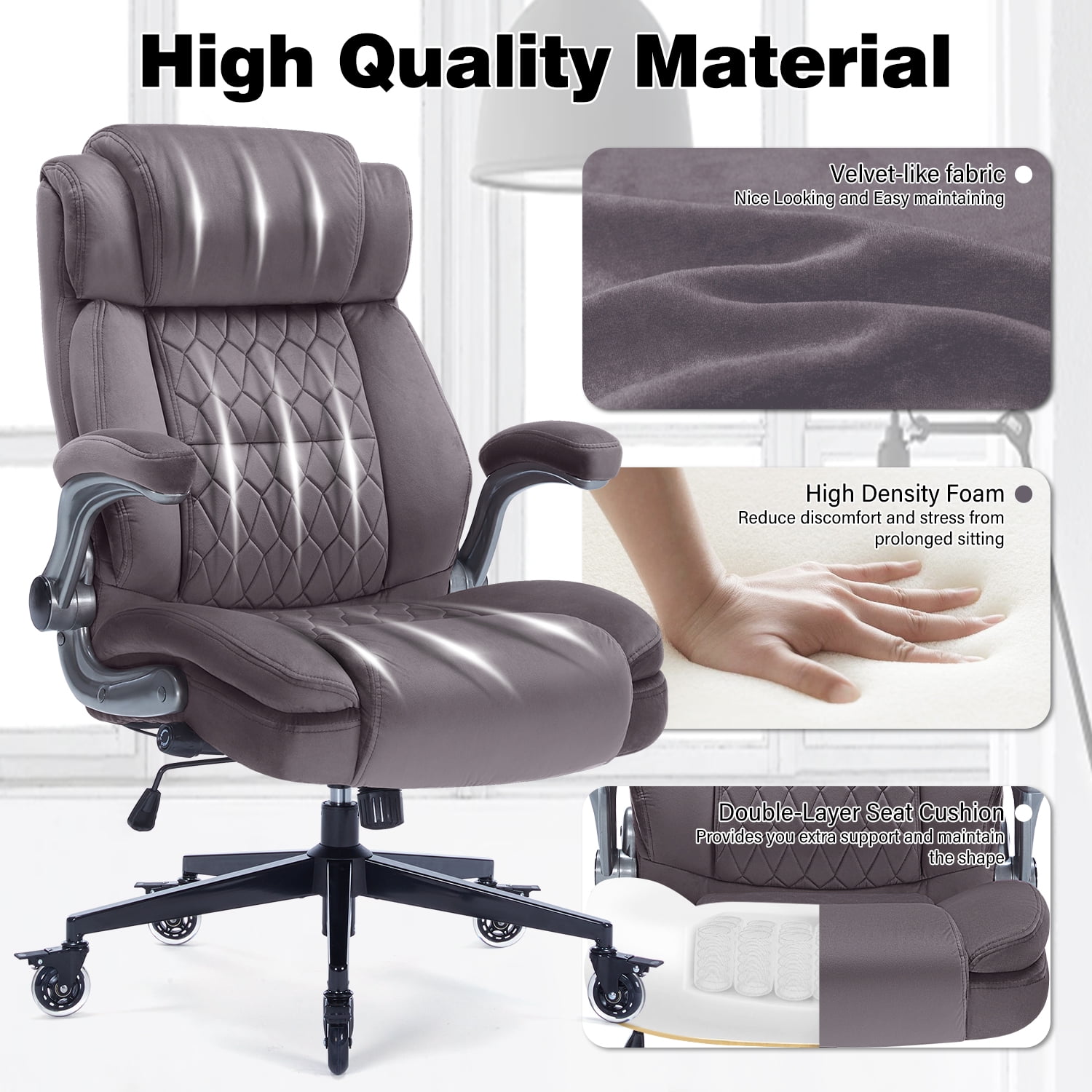 High Back Office Chair with Lockable Wheels, 400lbs Large Fabric Executive Desk Chair, Adjustable Lumbar Support Flip up Arms, Ergonomic Home Office Computer Chair with Storage Pocket, Cocoa