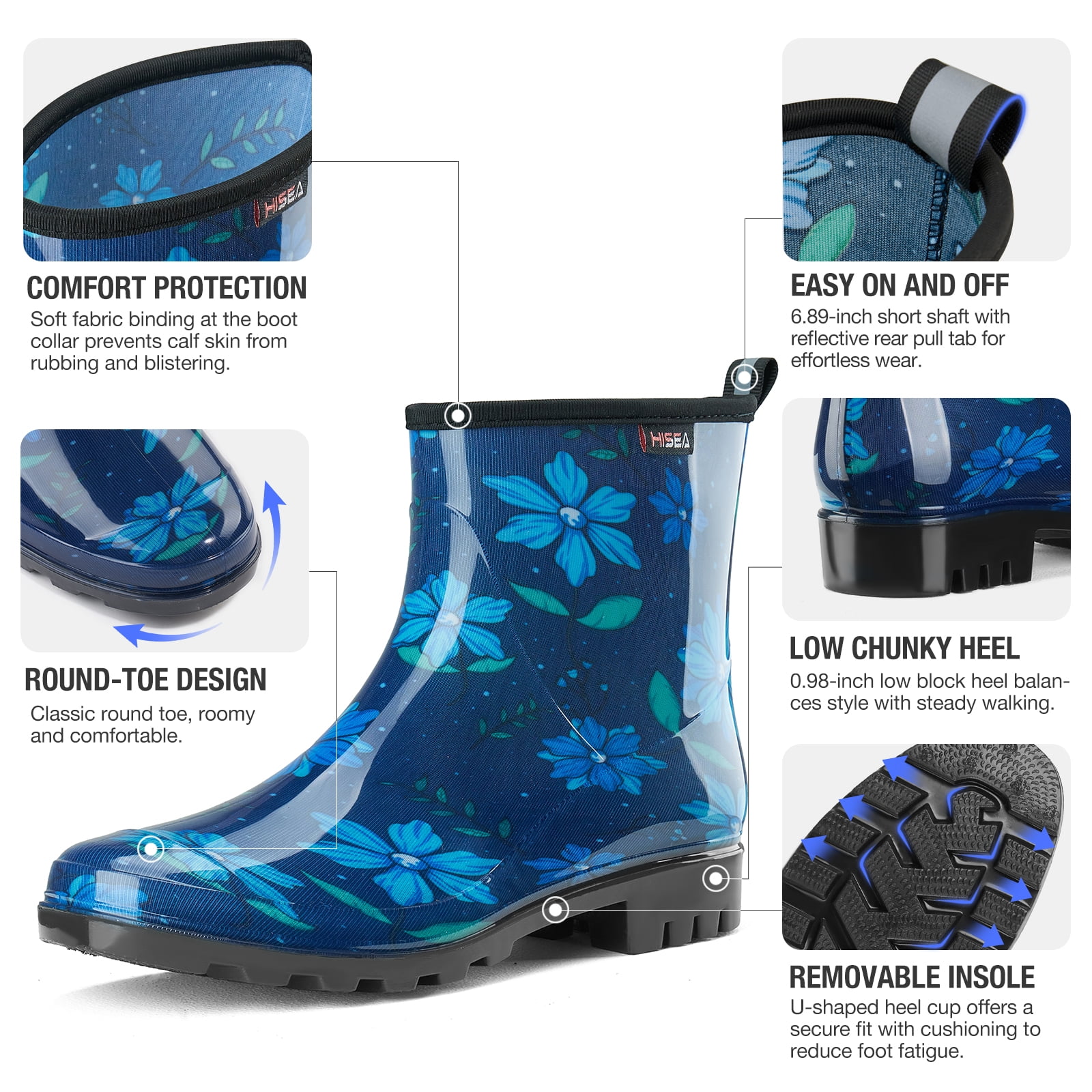 Waterproof Women's Ankle Rain Boots, Non-slip Short Garden Boots，Blue Flower Size 8