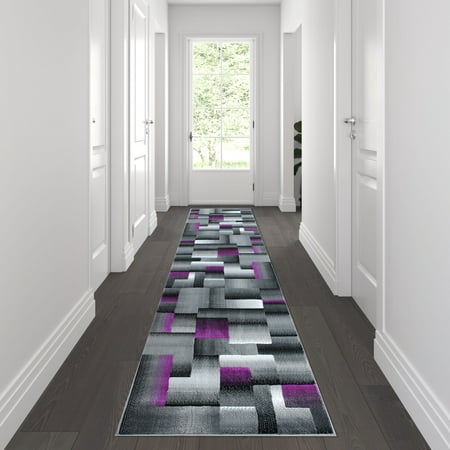 Flash Furniture Elio Rectangular Contemporary Black  Grey  Purple Area Rug  2  x 10 If you love modern art  then the abstract color blocked pattern of this area rug is just the ticket to complete your design scheme. Offering not only striking looks  this versatile contemporary accent rug allows you to add warmth to hardwood floors  color in multiple spaces  and protects flooring in high-traffic areas. This high pile area rug can be a warm place for your feet by the bed  in front of your couch  or in the hallway. Modern materials allow today s rugs to last for years. Made from olefin fibers  this cutting edge area rug is stain and water resistant  colorfast  and provides a soft underfoot feel friendly to kids and pets. The jute backing gives this rug structural integrity and helps promote air flow. Vacuum regularly without the beater bar and spot clean with water and a mild detergent to maintain the look of your new rug.