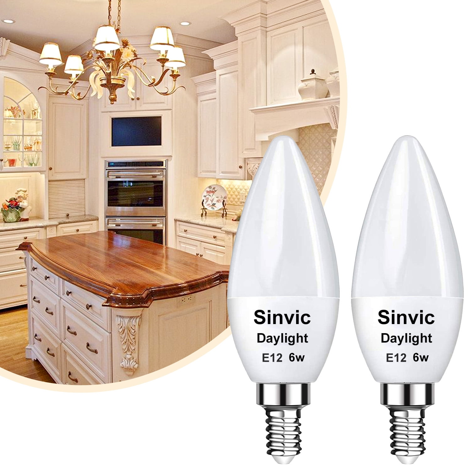 Sinvic E12 LED Candelabra Bulbs 6W (60W Equivalent), 5000K Daylight 600 Lumens for Ceiling Fan Chandelier, 2 Pack