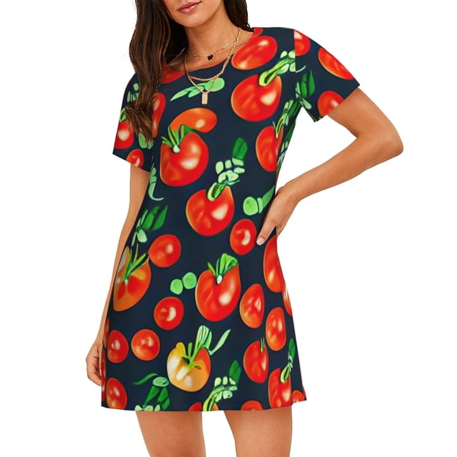 Fotbe Tomatoes Bata de Dormir para Mujer con Estampado, Camisón de Algodón de Manga Corta, Ropa de Dormir Casual