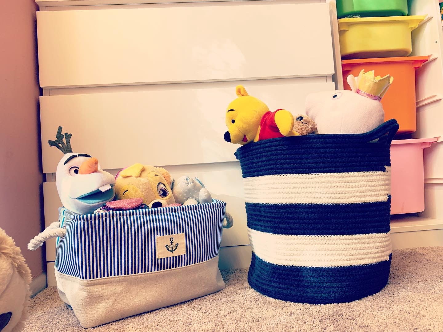 Medium Cotton Rope Baskets with Handles Woven Baskets Rope Bins 12.2x11.8" Laundry Hamper Nursery Baskets , Navy Blue and White