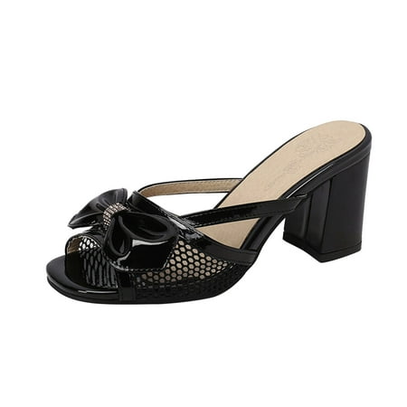 

AIMAOMI Ladies Fashion Solid Color Breathable Hollow Mesh Bow Thick High Heeled Open Toe Sandals Women s Slipper H