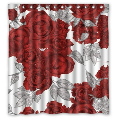 Odecor Red And Gray Rose Shower Curtain Polyester Fabric Bathroom Decorative Size 66x72 Inches
