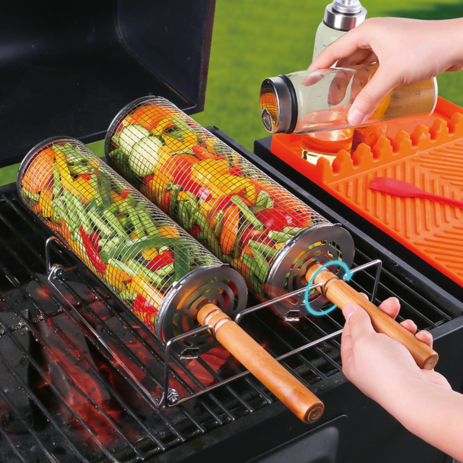 QUANSHANGJU Rolling Grill Basket, Removable Wooden Handle, 304 Stainless Steel, Nesting BBQ Tools, Smoker Grilling Accessories for Vegetable, Outdoor Cooking Camping, Birthday Gifts for Men