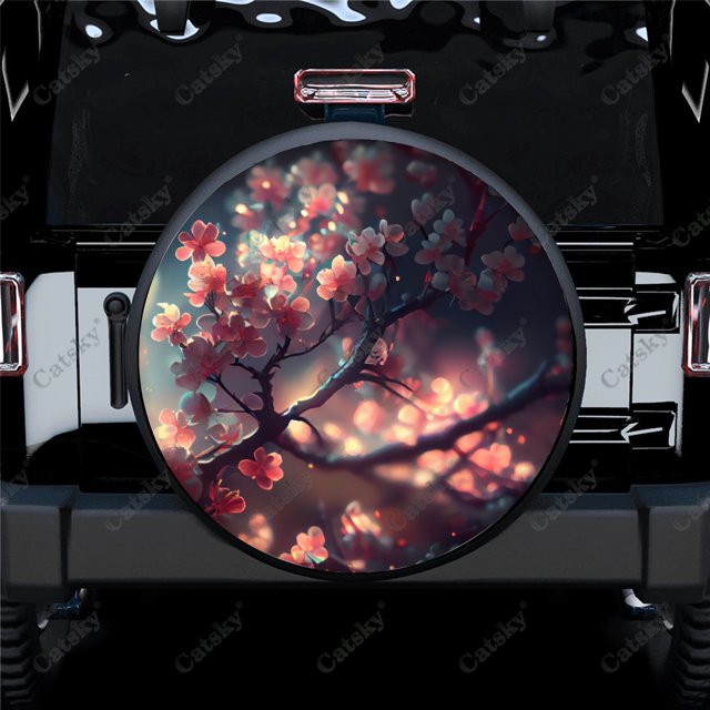 Dreamy Beautiful Cherry Blossom Pattern Polyester Universal Spare Wheel Tire Cover Wheel Covers for Trailer RV SUV Truck Camper