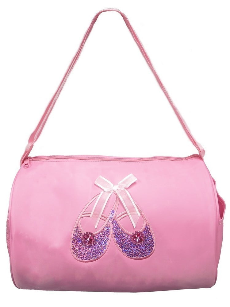 Wenchoice Girls Pink Sequined Dancer Applique Zippered Tie Accented Dance Duffle Bag