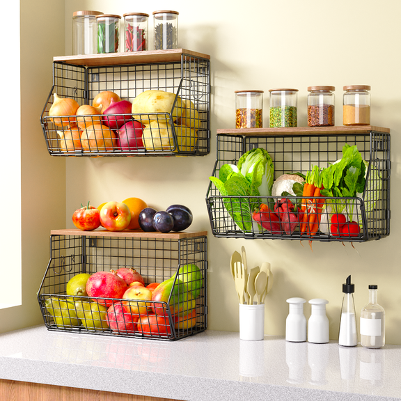 Stackable Fruit Basket Hanging for Kitchen Counter 3 Pack with Wood Lid,Wall Mount Organizer with Banana Hangers Metal Vegetable Storage Bin
