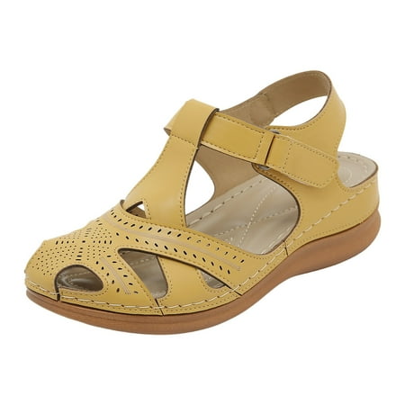 

ZHAGHMIN Black Slip On Sandals Women Women s Thick Sole Wedge Sandals Pu Leather Hollow Breathable Fashion Buckle Strap Bohemian Sandals Yellow Size8
