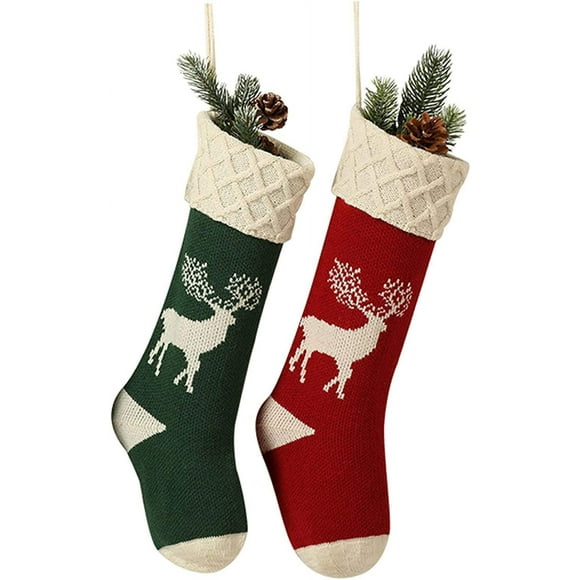 XINQIHANG Christmas Stockings,Big Size 2Pack 18-Inch Extra Long Hand-Knitted Red/Green Reindeer Snowflakes Xmas Character for Family Holiday Season Decor