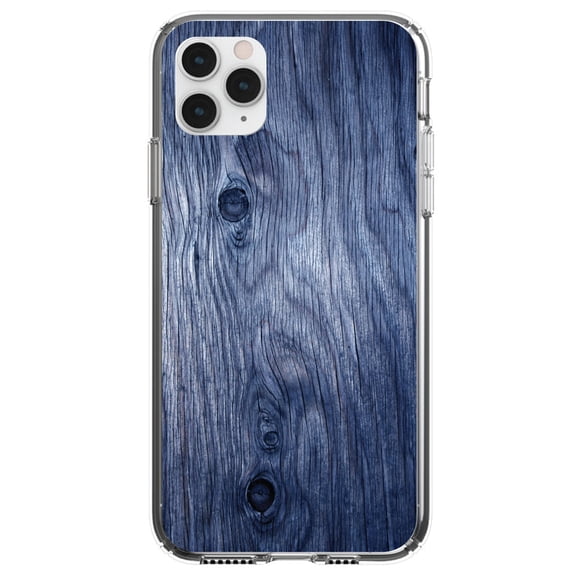 DistinctInk Clear Shockproof Hybrid Case for iPhone 12 / 12 PRO (6.1" Screen) - TPU Bumper, Acrylic Back, Tempered Glass Screen Protector - Dark Blue Weathered Wood Grain Print - Faux Wood Grain Image
