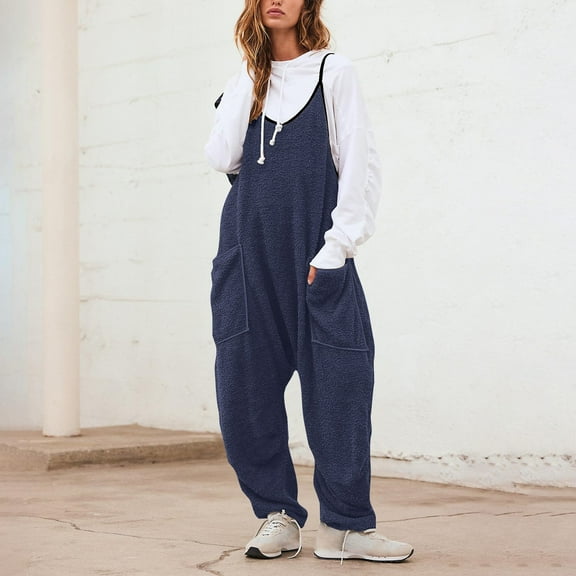 Lovskoo Fleece Overalls for Women Fuzzy Solid Color 2025 Fall Winter Romper Jumpsuit With Pocket Navy 2XL