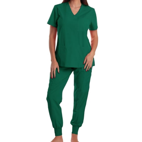 Fgvctg Womens Scrub Sets Plus Size Medical Uniforms Petite V-Neck Scrub Pants and Tops Scrubs Nursing Scrubs with Pockets Dark Green 2XL