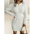 thumbnail image 4 of Casual Cable Knit Sweater Dress with Tie-Waist for Female, Autumn Winter Bodycon Tight Long Sleeve Tunic White S, 4 of 8