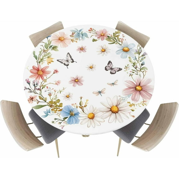 Spring Floral Round Fitted Tablecloth, Butterfly Wildflowers Blue Pink Flower Botanical Waterproof Table Cloth Table Cover with Elastic Edged for Outdoor Picnic Parties, Fits Tables up to 36" - 44"