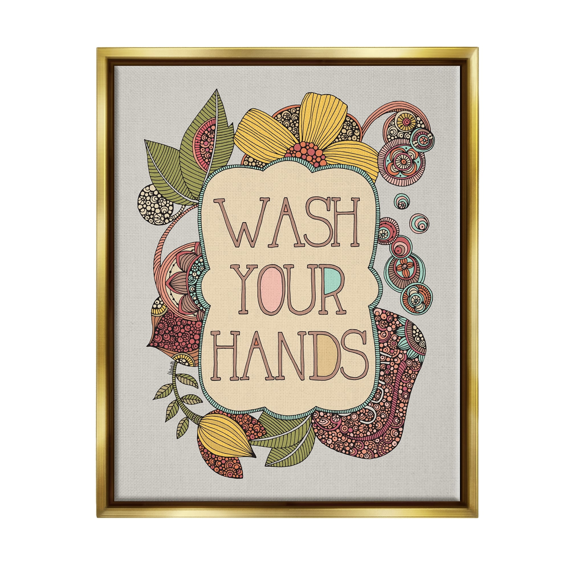 Stupell Industries Wash Your Hands Bathroom Sign Intricate Floral Details Graphic Art Metallic Gold Floating Framed Canvas Print Wall Art, Design by Valentina Harper