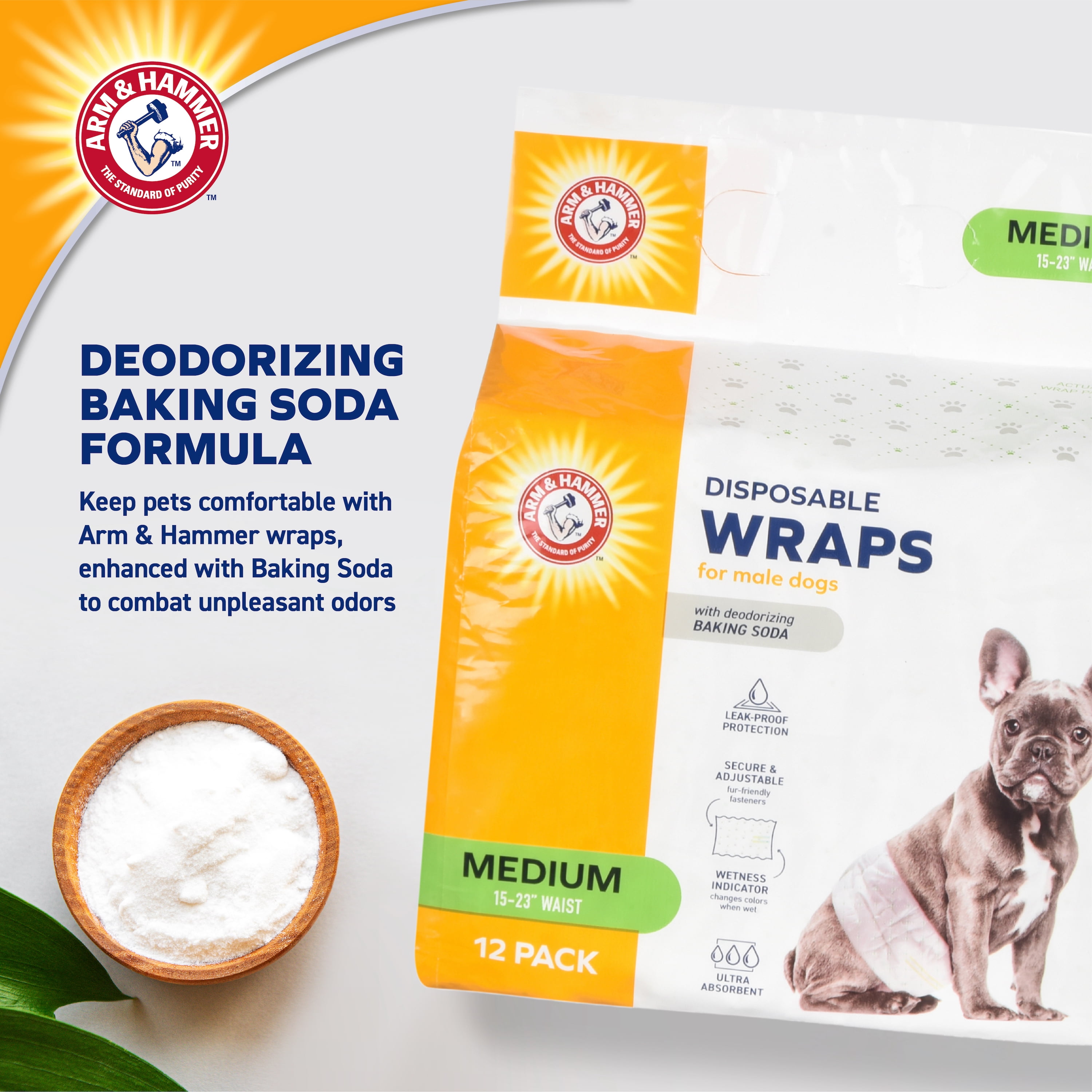 Arm & Hammer Male Dog Wraps, Medium 12 Ct | Ultra-Absorbent with Leak-Proof Protection