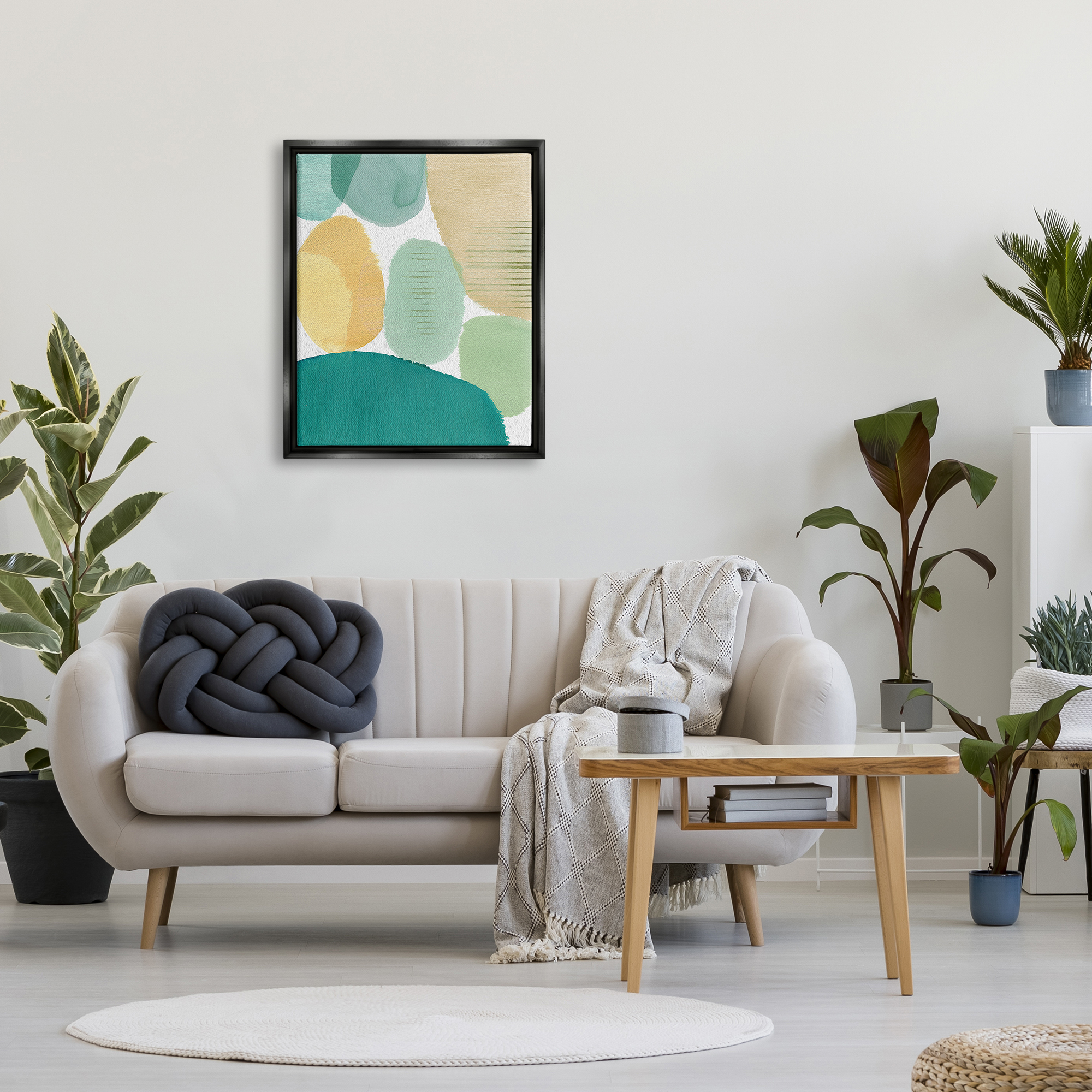 Stupell Industries Green & Yellow Circles Abstract Painting Black Floater Framed Canvas Art Print Wall Art, 25 x 31