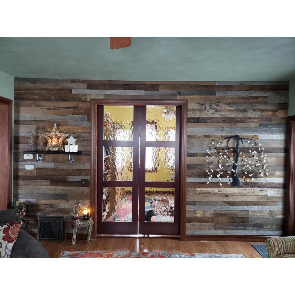 3/8 in. x 4 ft. Random Width 3 in. - 5 in., 10.59 sq. ft. Brown/Grey Barnwood Planks Decorative Wall Panel