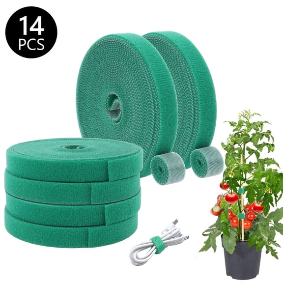 Tripumer 14 Pcs Green Nylon Reusable Strap Ties Adjustable Garden Support Type for Climbing Flowers Vines Tomatoes