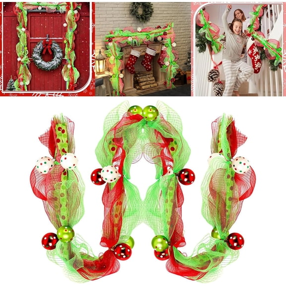 8.8 Ft Christmas Garland with Ball - Red Green Mesh for Front Door, Fireplace Table, Xmas Tree, Mantle & Staircase christmas decorations