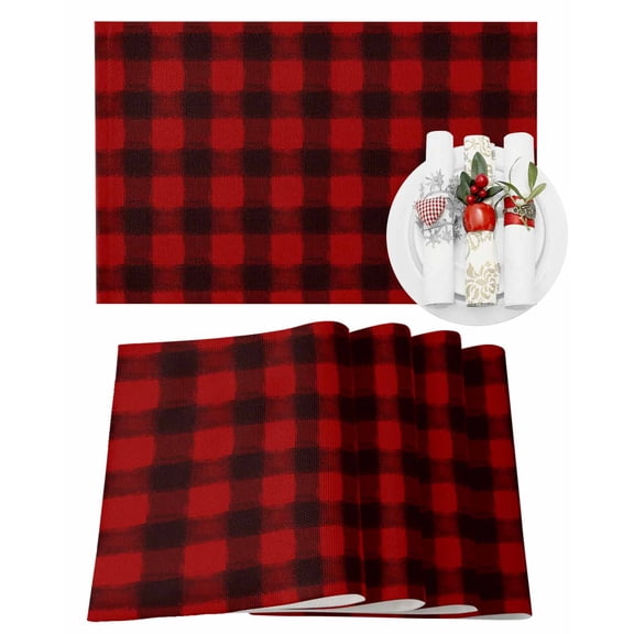 Christmas Placemats Set of 4, Red Black Buffalo Plaid Place Mats Xmas Classic Check Placemat Table Decoration for Kitchen Table Dinner Xmas Holiday Party Home Decor Indoor Outdoor 13x19 Inch