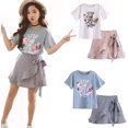 thumbnail image 2 of Robe d'Été pour Filles T-Shirt à Imprimé Floral Manches Courtes + Jupe Mini Rayée 2 Pack, 2 of 5