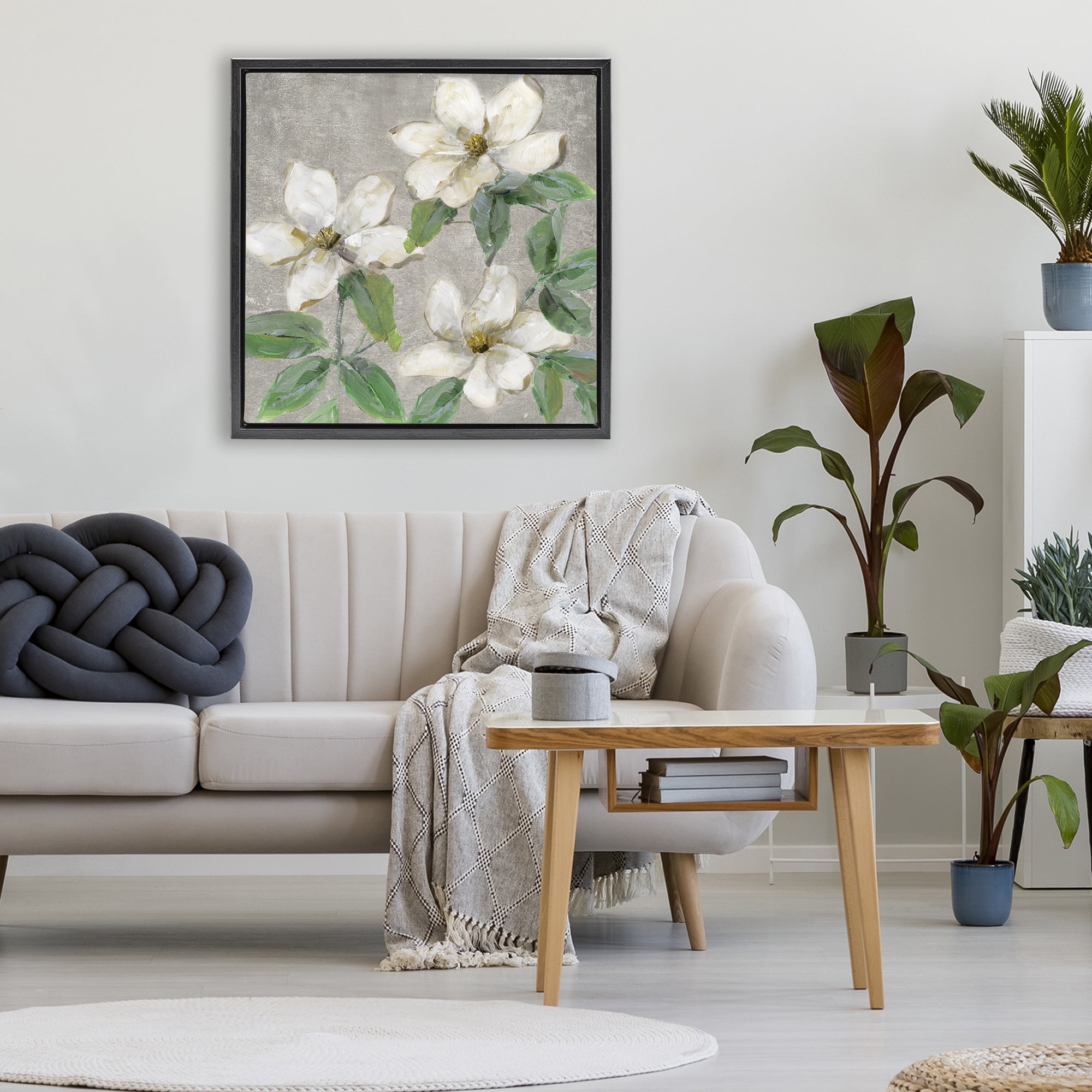 Stupell Industries Ivory Magnolia Trio Black Framed Floater Canvas Wall Art, design by Sally Swatland