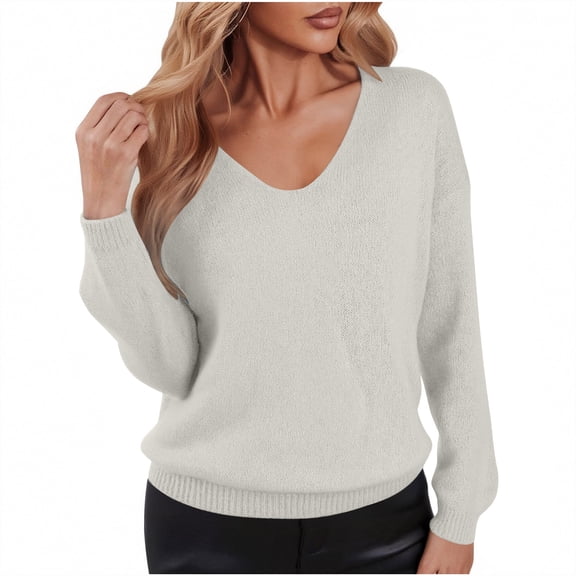 NTACZA Plus Size Women's Sweater V Neck Loose Fitting Beige Sweater Long Sleeve Pullover Cozy Knit Tops Womans Jumper L