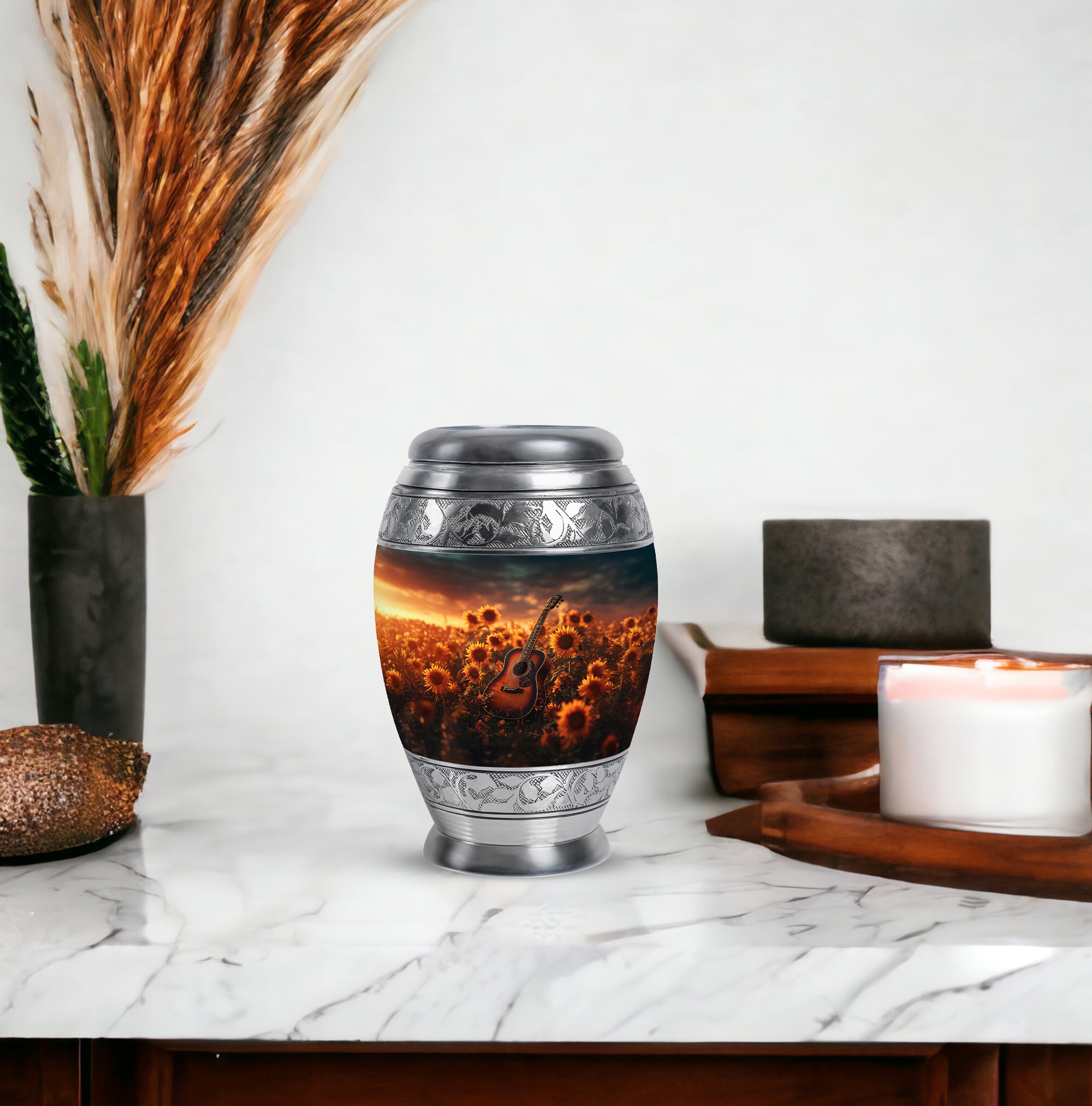 MUKTIVE Guitar Keepsake Cremation Urns for Human Ashes Male & Female - Sunflowers Small Funeral Urns for Adult Ashes Men Women - Cremated Remains Containers - Memorial Gift for Loss of Dad (3 Inch)