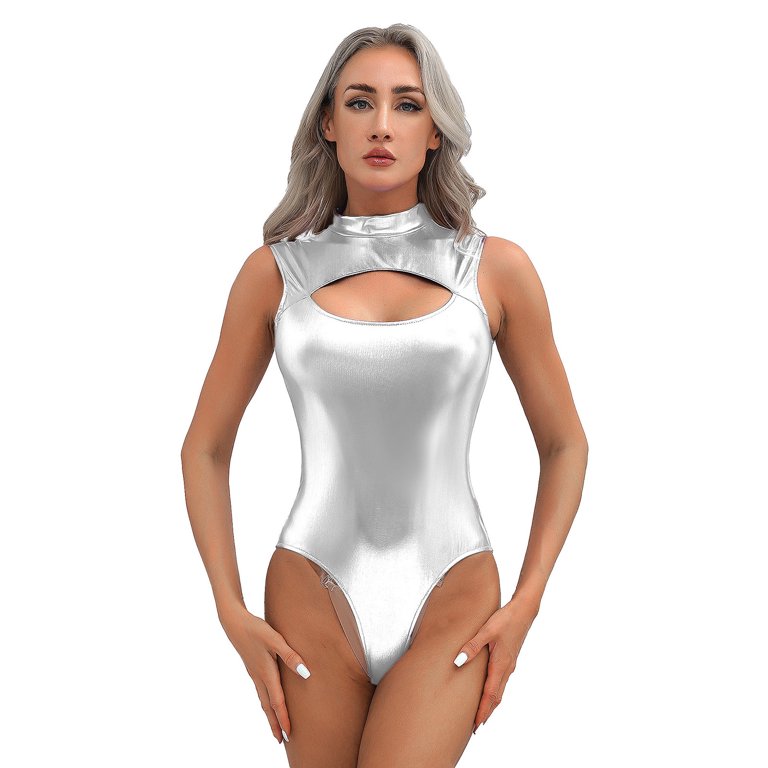 inhzoy Womens Shiny Metallic Bodysuit Sexy Cutout Front High Cut Catsuit  Party Club Tank Tops Silver L