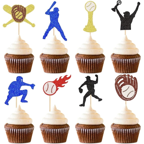 Baseball Glitter Cupcake Toppers, Sports Theme Party Picks, Players Bat Glove Trophy Designs, Birthday Baby Shower Decorations, 8 Pieces