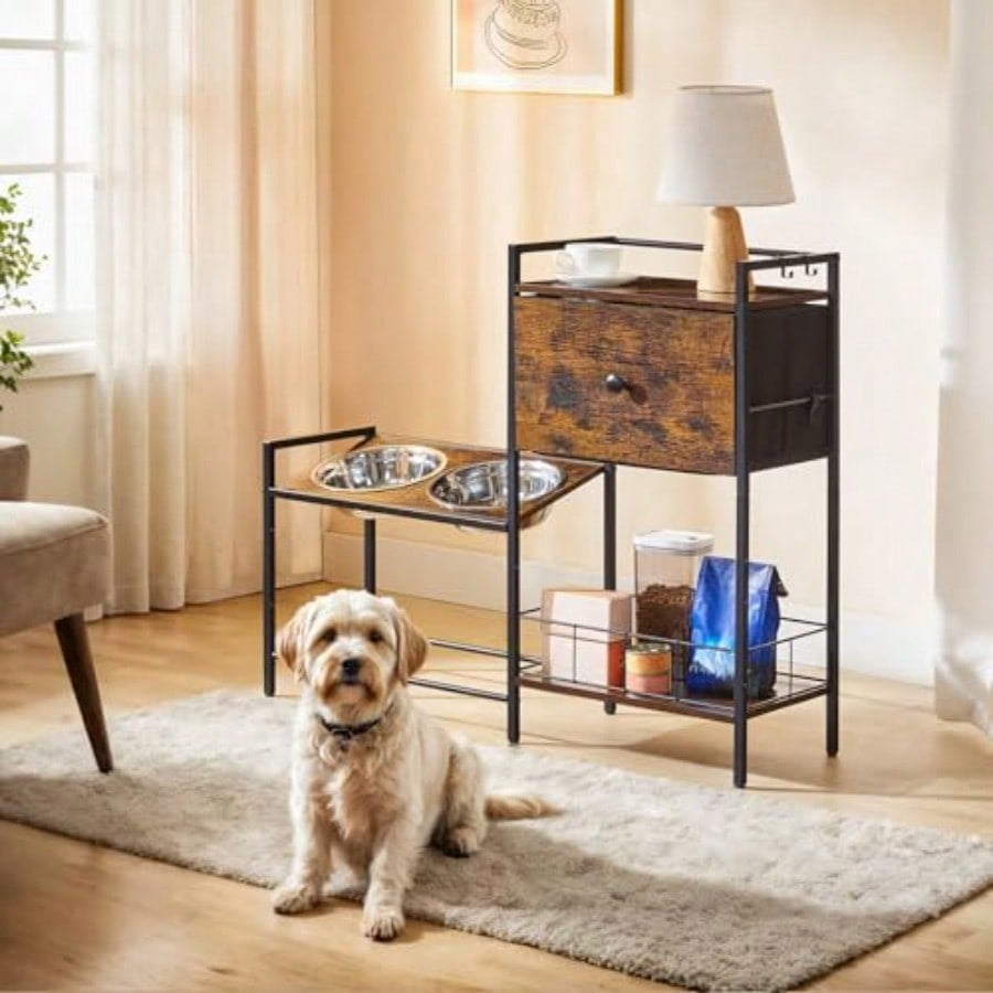Raised Dog Bowls Elevated Dog Bowl Stand With 3 Heights Adjustable 2 Stainless Steel Bowls For Large Medium Breeds Dogs Feeding Station With Storage Rustic Brown And Black BF22PO03