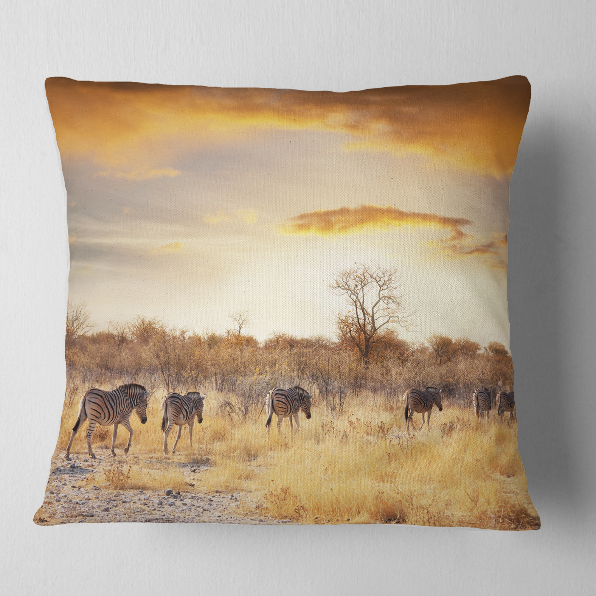 Designart African Zebras Walking in Row - African Landscape Printed Throw Pillow - 18x18