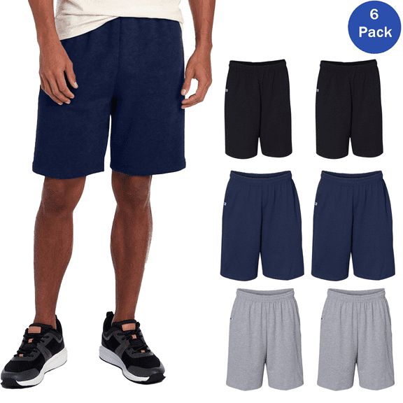 Russell Athletic Jersey Shorts with Pockets for Men 100% Cotton Classic Gym Multicolor Workout Shorts, 6 Pack, S