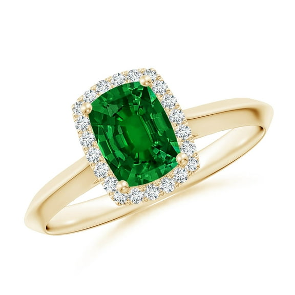 ANGARA Lab Grown Cushion Rectangular Emerald Halo Engagement Ring for Women in 14K Yellow Gold (Size-7x5mm) | May Birthstone, Birthday, Anniversary, Jewelry Gift for Women | Lab-Grown Emerald Ring
