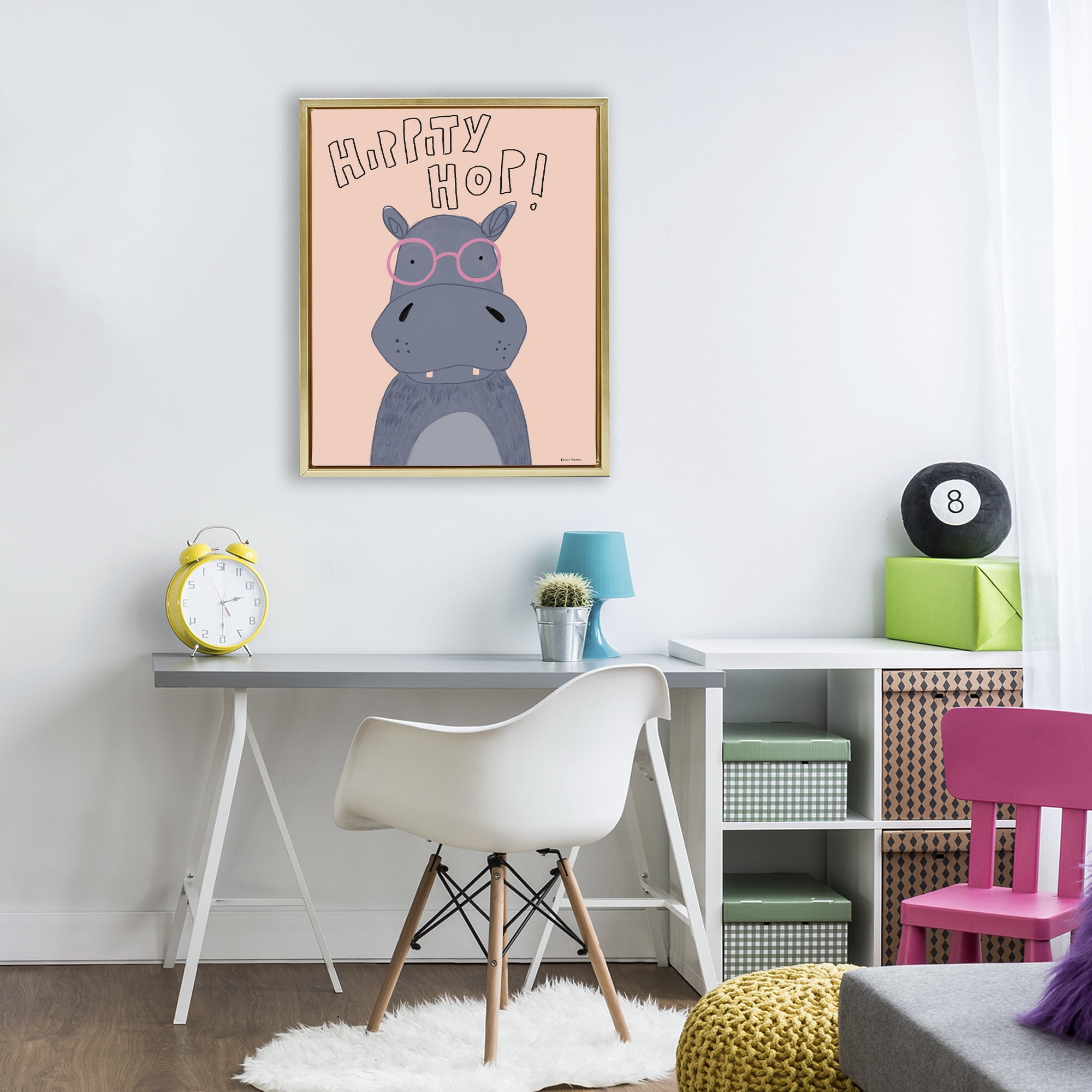 Stupell Industries Hippity Hop Hippo Gold Framed Floater Canvas Wall Art, design by Rachel Nieman