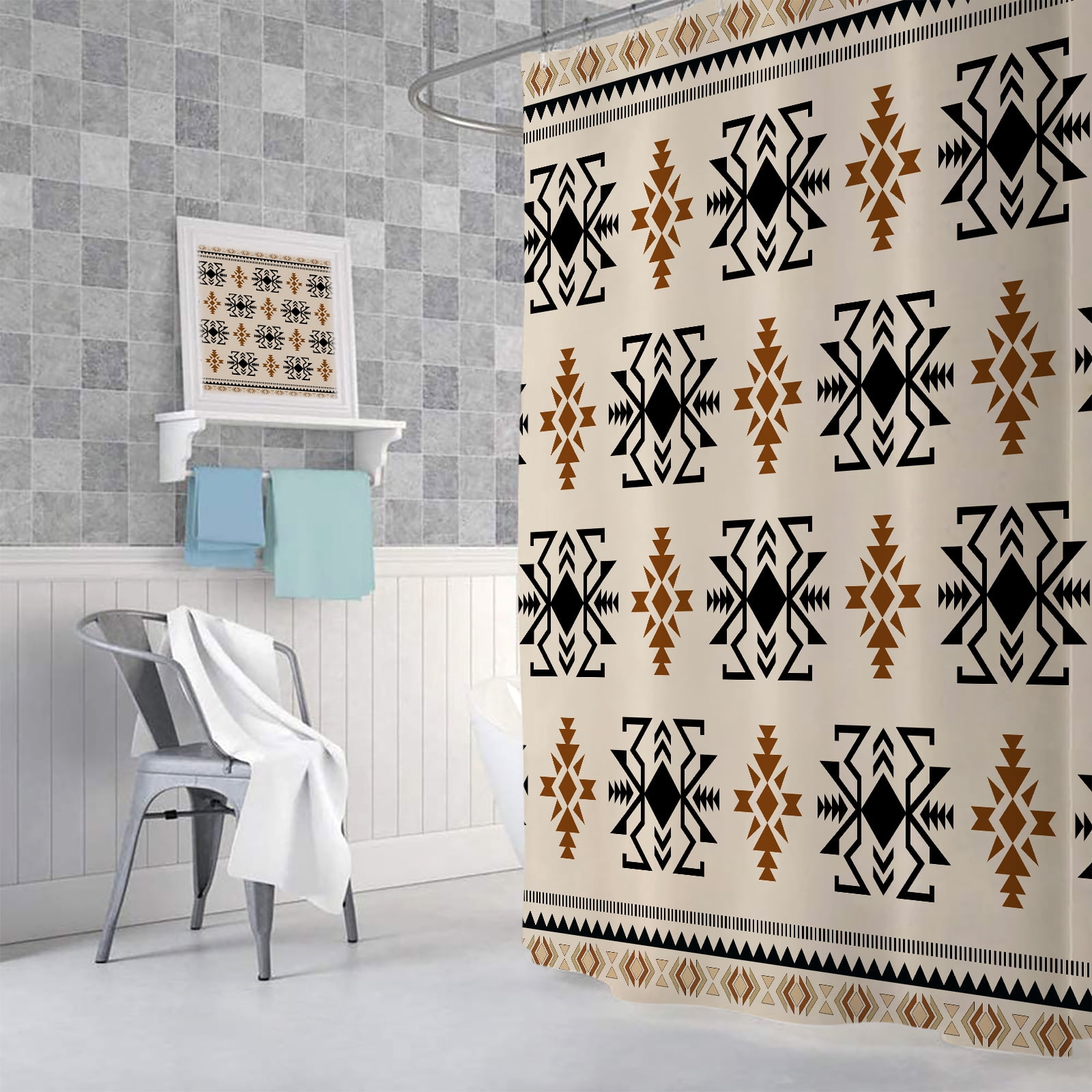Western Aztec Shower Curtain, Boho Southwest Rustic Fabric Shower Curtains Set for Bathroom Decorative, Vintage Tan Country Southwestern Geometric Restroom Decor Accessories with Hooks 72X72 Inch