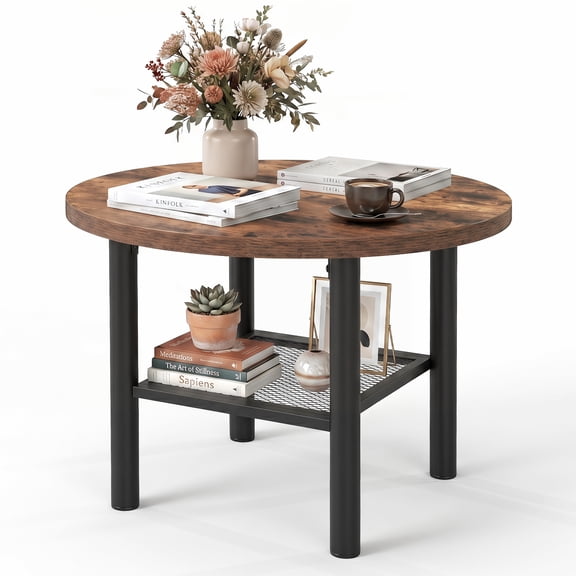 Costway Round Coffee Table, 2-Tier Modern Circular Center Table with Storage Shelf Rustic Brown & Black
